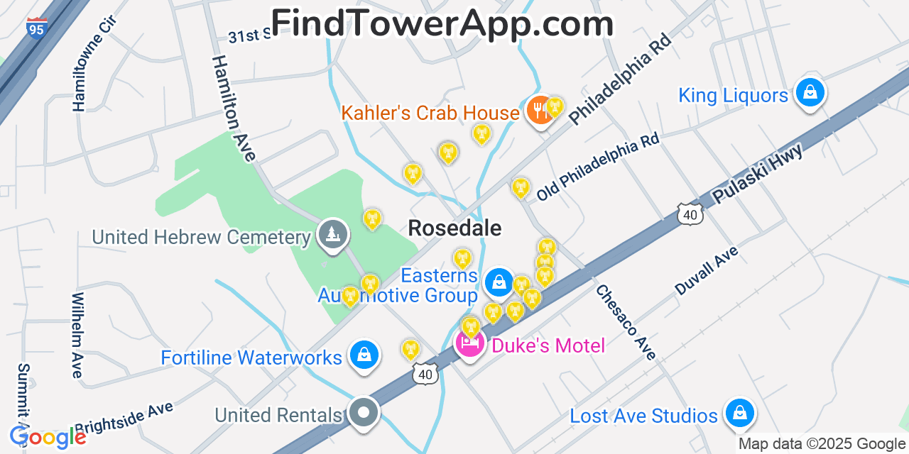 Map showing the 20 primary cell tower locations detected in Rosedale, Maryland from AT&T, Verizon, and T-Mobile networks