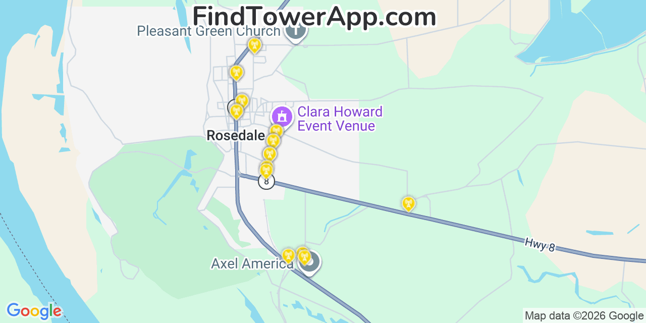 Map showing the 20 primary cell tower locations detected in Rosedale, Mississippi from AT&T, Verizon, and T-Mobile networks