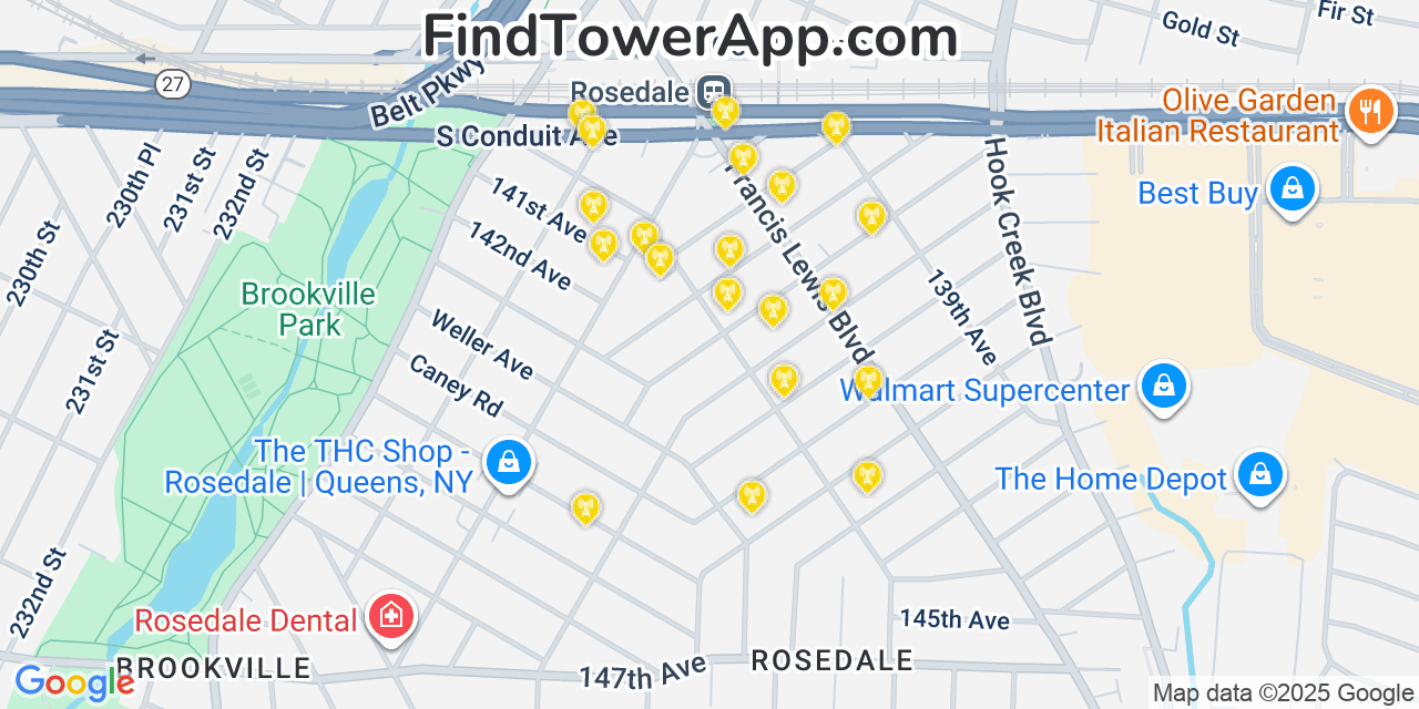 Map showing the 20 primary cell tower locations detected in Rosedale, New York from AT&T, Verizon, and T-Mobile networks