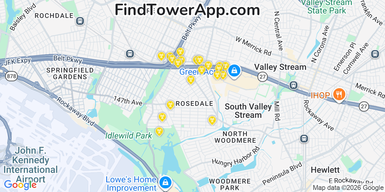Map showing the 20 primary cell tower locations detected in Rosedale, New York from AT&T, Verizon, and T-Mobile networks