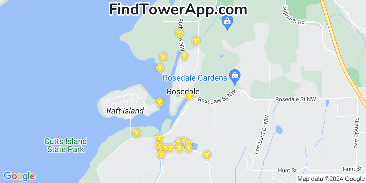 AT&T 4G/5G cell tower coverage map Rosedale, Washington