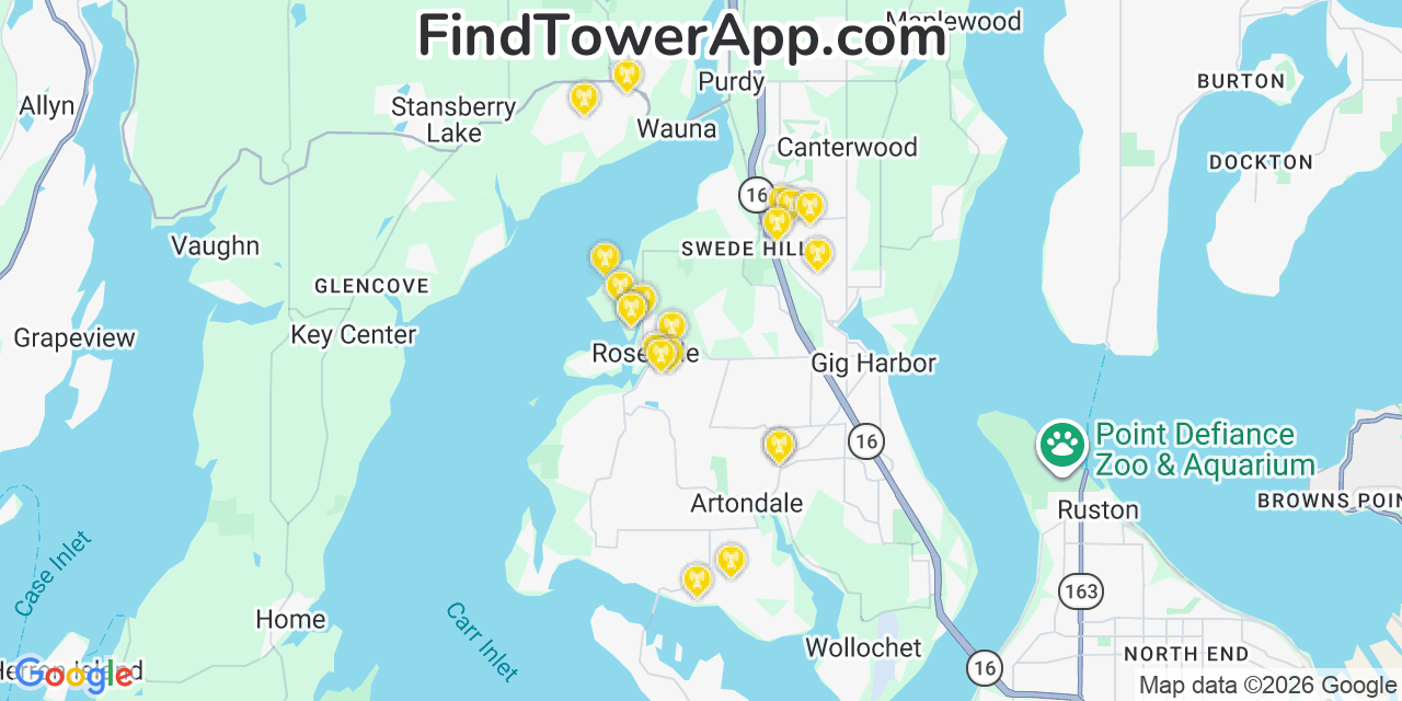 Map showing the 20 primary cell tower locations detected in Rosedale, Washington from AT&T, Verizon, and T-Mobile networks