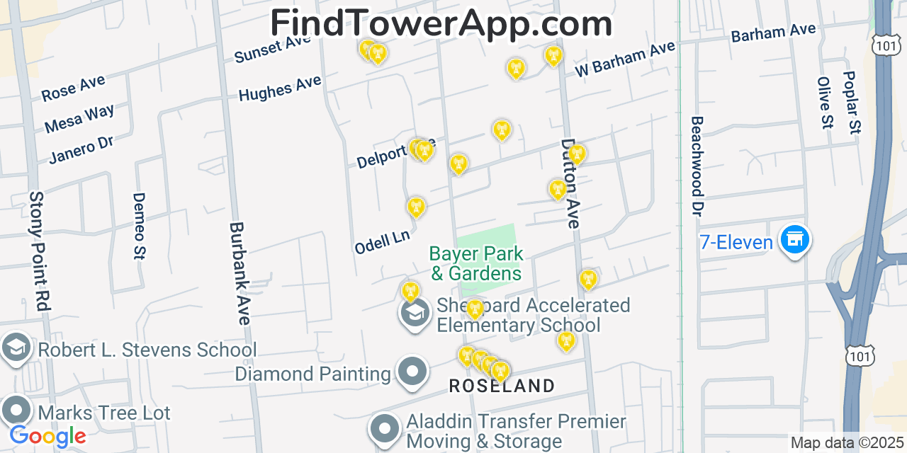 Map showing the 20 primary cell tower locations detected in Roseland, California from AT&T, Verizon, and T-Mobile networks