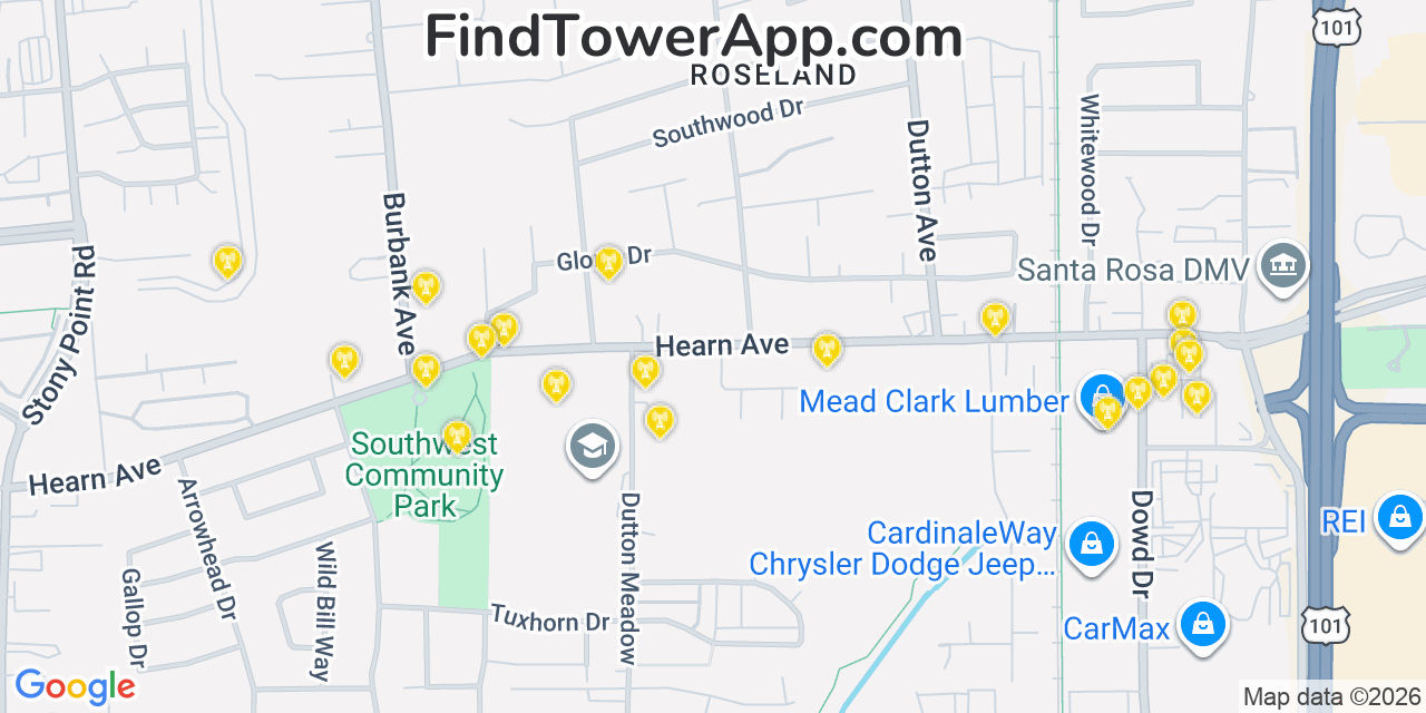 Map showing the 20 primary cell tower locations detected in Roseland, California from AT&T, Verizon, and T-Mobile networks