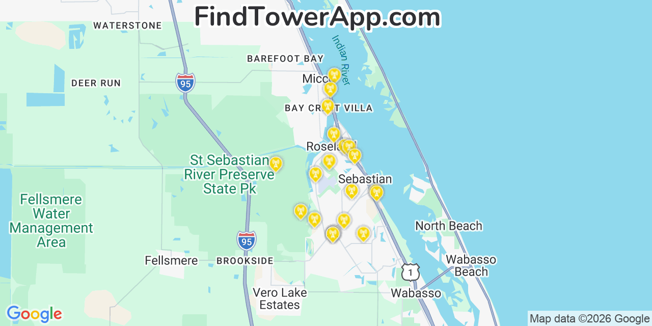 Map showing the 20 primary cell tower locations detected in Roseland, Florida from AT&T, Verizon, and T-Mobile networks