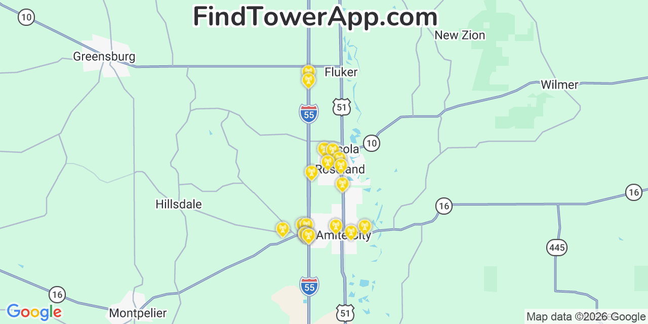 Map showing the 20 primary cell tower locations detected in Roseland, Louisiana from AT&T, Verizon, and T-Mobile networks