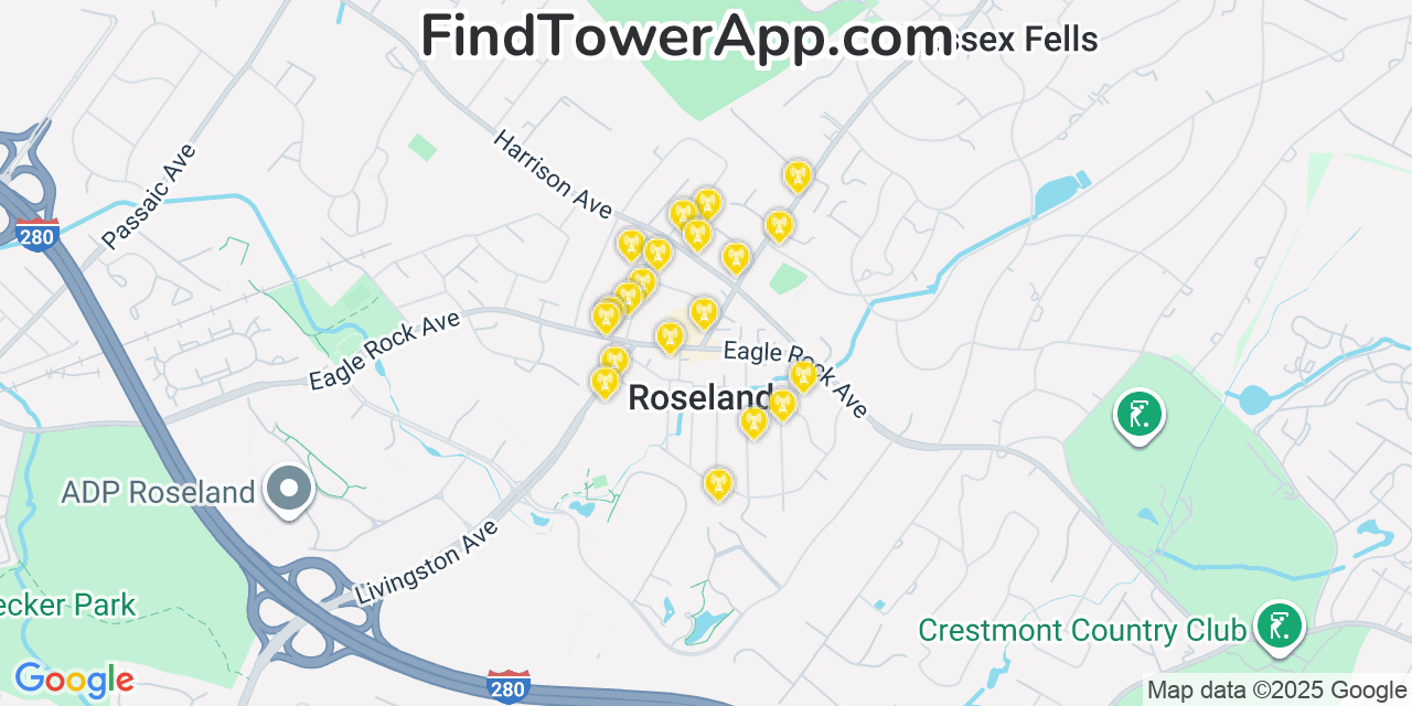 Map showing the 20 primary cell tower locations detected in Roseland, New Jersey from AT&T, Verizon, and T-Mobile networks