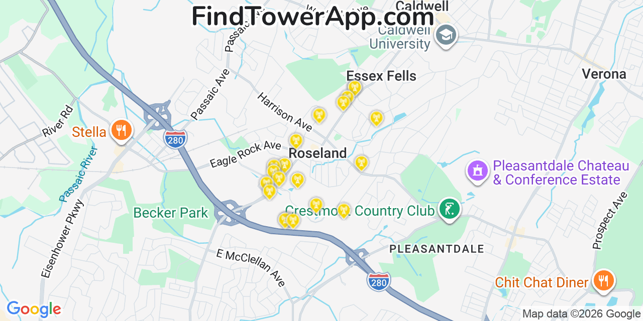 Map showing the 20 primary cell tower locations detected in Roseland, New Jersey from AT&T, Verizon, and T-Mobile networks