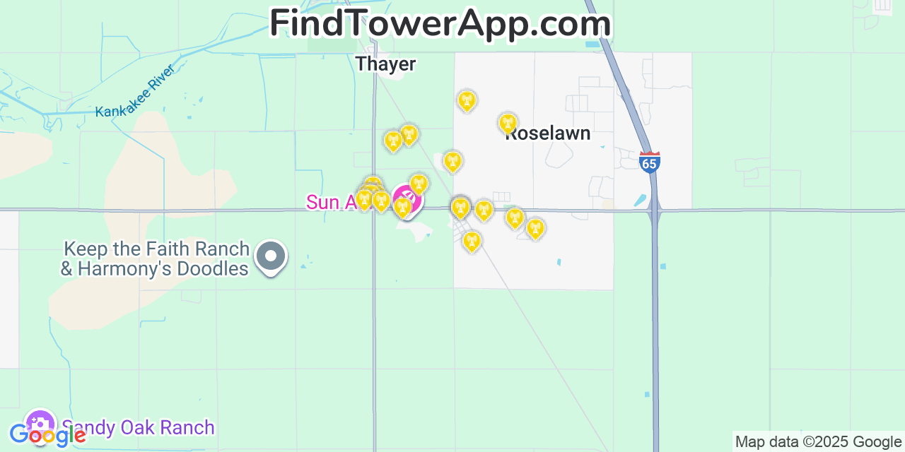 Map showing the 20 primary cell tower locations detected in Roselawn, Indiana from AT&T, Verizon, and T-Mobile networks