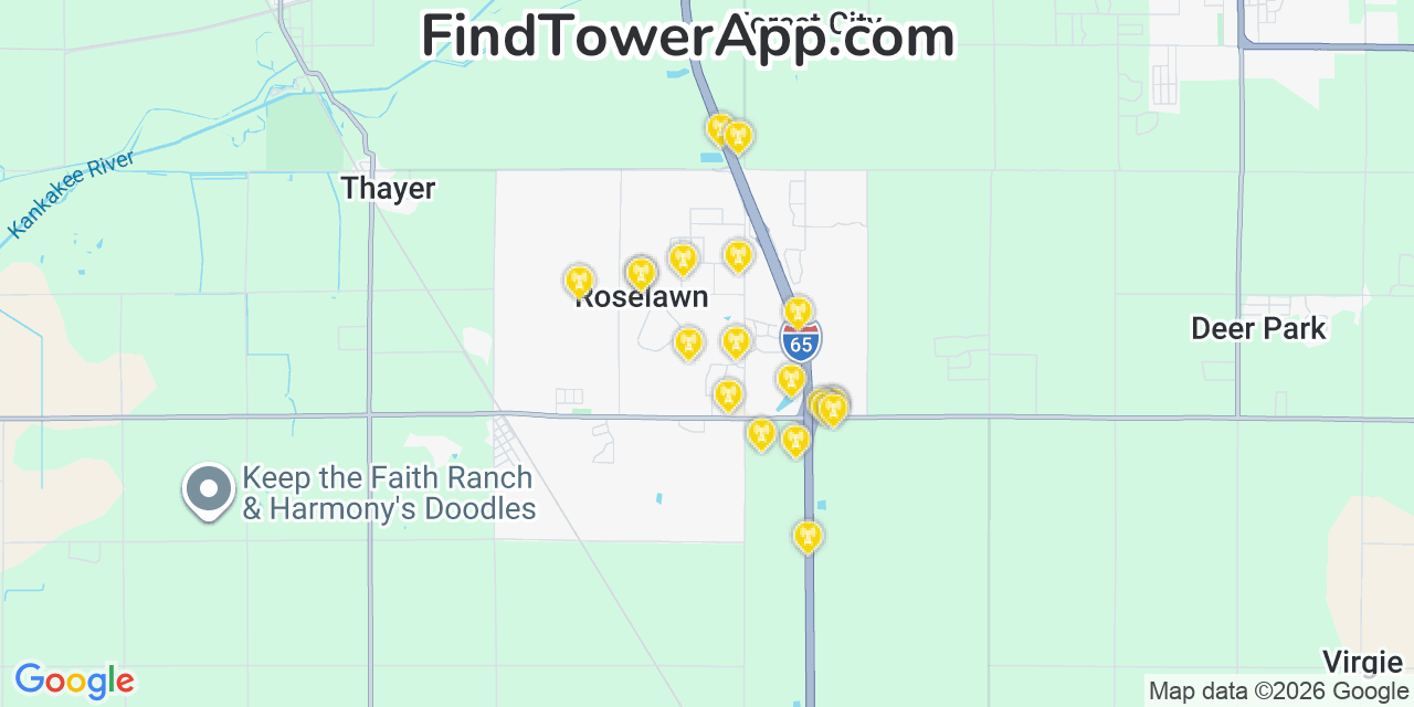 Map showing the 20 primary cell tower locations detected in Roselawn, Indiana from AT&T, Verizon, and T-Mobile networks