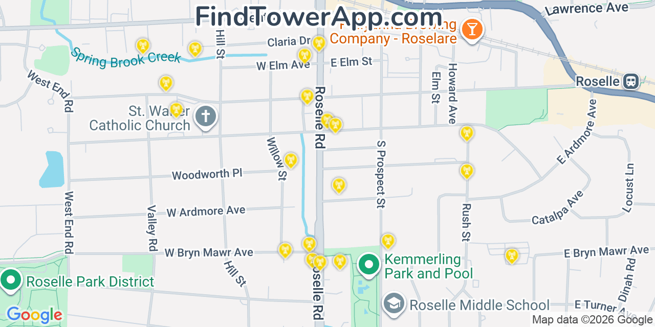 Map showing the 20 primary cell tower locations detected in Roselle, Illinois from AT&T, Verizon, and T-Mobile networks