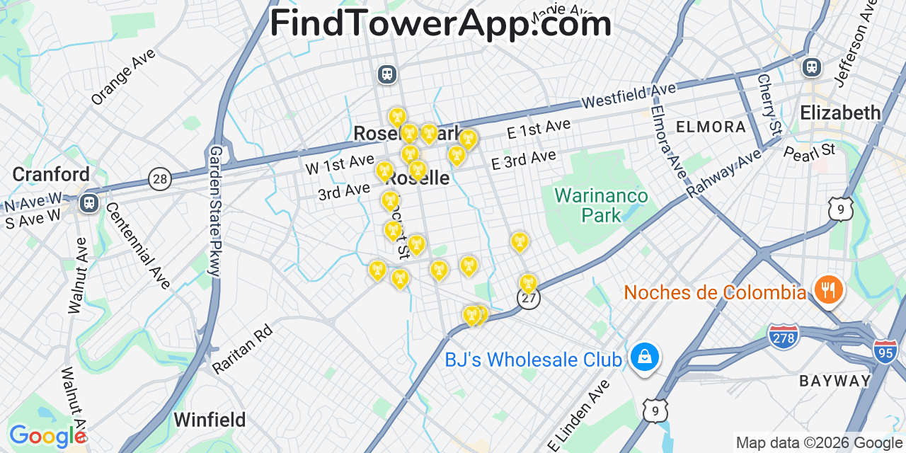 Map showing the 20 primary cell tower locations detected in Roselle, New Jersey from AT&T, Verizon, and T-Mobile networks