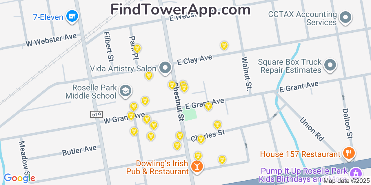 Map showing the 20 primary cell tower locations detected in Roselle Park, New Jersey from AT&T, Verizon, and T-Mobile networks