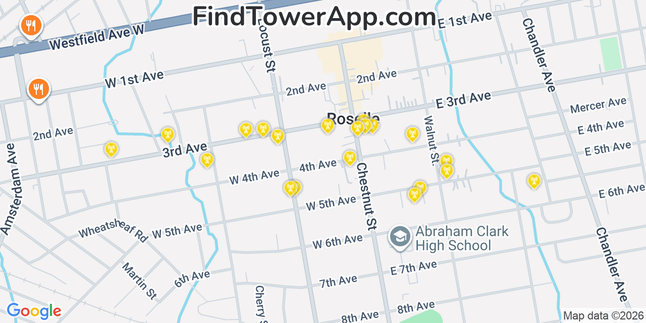 Map showing the 20 primary cell tower locations detected in Roselle Park, New Jersey from AT&T, Verizon, and T-Mobile networks