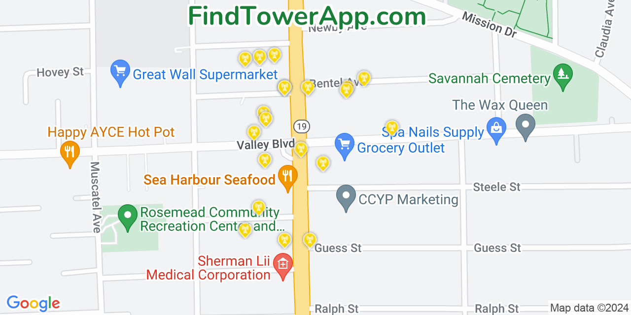 AT&T 4G/5G cell tower coverage map Rosemead, California