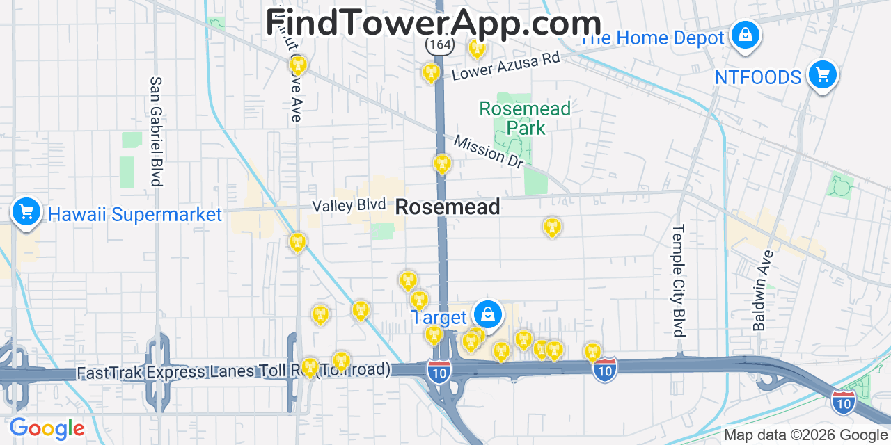 Map showing the 20 primary cell tower locations detected in Rosemead, California from AT&T, Verizon, and T-Mobile networks