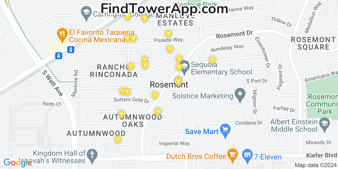 AT&T 4G/5G cell tower coverage map Rosemont, California