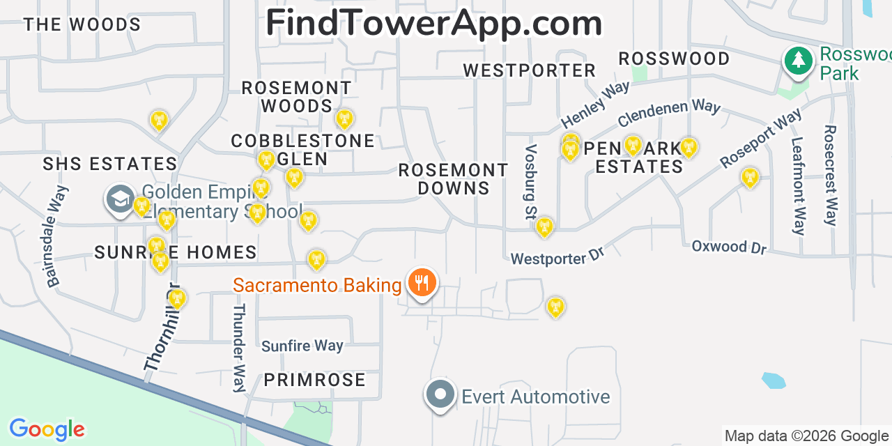 Map showing the 20 primary cell tower locations detected in Rosemont, California from AT&T, Verizon, and T-Mobile networks