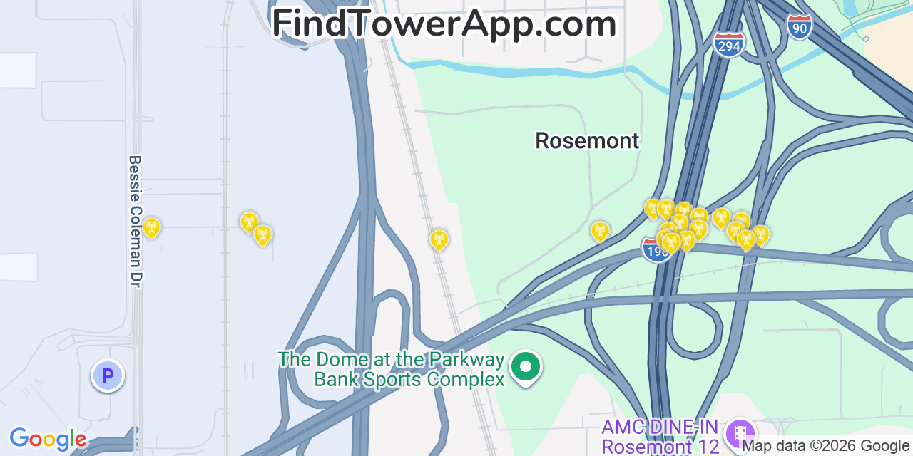 Map showing the 20 primary cell tower locations detected in Rosemont, Illinois from AT&T, Verizon, and T-Mobile networks