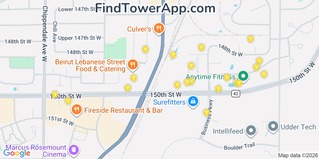 Map showing the 20 primary cell tower locations detected in Rosemount, Minnesota from AT&T, Verizon, and T-Mobile networks