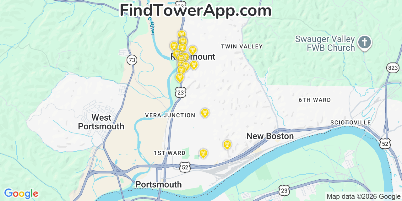 Map showing the 20 primary cell tower locations detected in Rosemount, Ohio from AT&T, Verizon, and T-Mobile networks