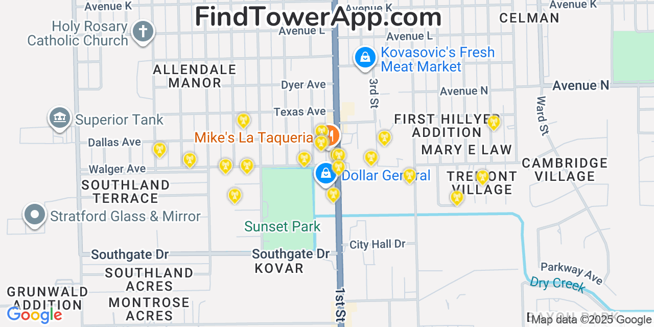 Map showing the 20 primary cell tower locations detected in Rosenberg, Texas from AT&T, Verizon, and T-Mobile networks