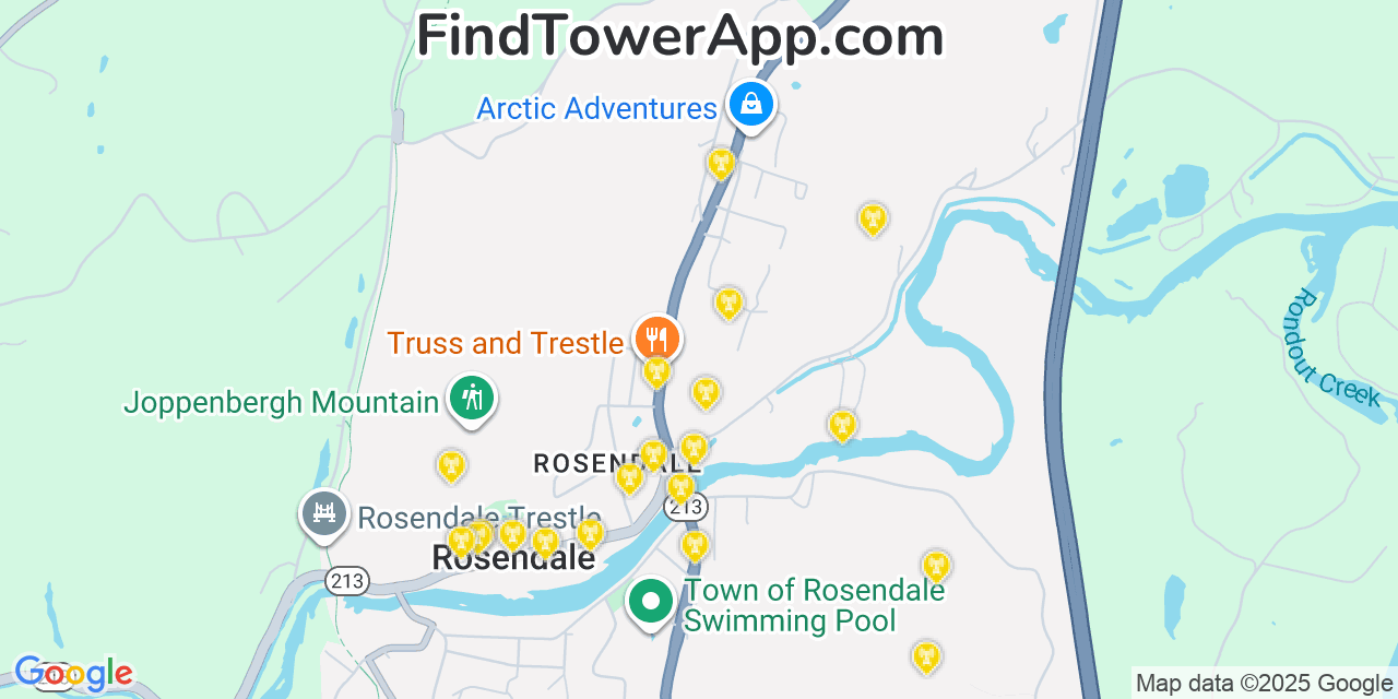 Map showing the 20 primary cell tower locations detected in Rosendale Village, New York from AT&T, Verizon, and T-Mobile networks