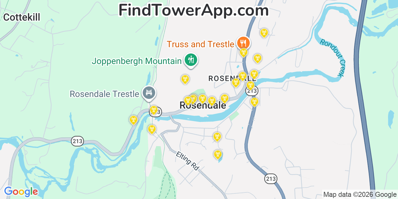 Map showing the 20 primary cell tower locations detected in Rosendale Village, New York from AT&T, Verizon, and T-Mobile networks