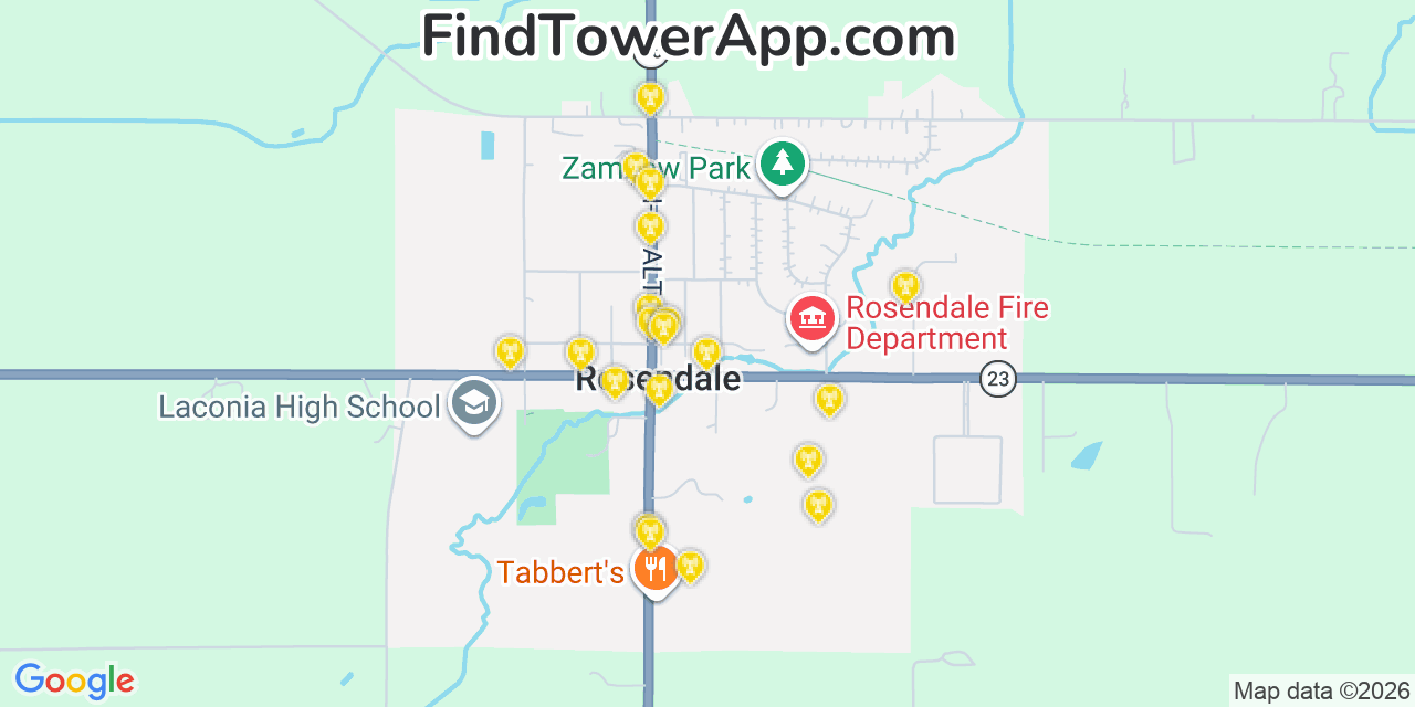 Map showing the 20 primary cell tower locations detected in Rosendale, Wisconsin from AT&T, Verizon, and T-Mobile networks