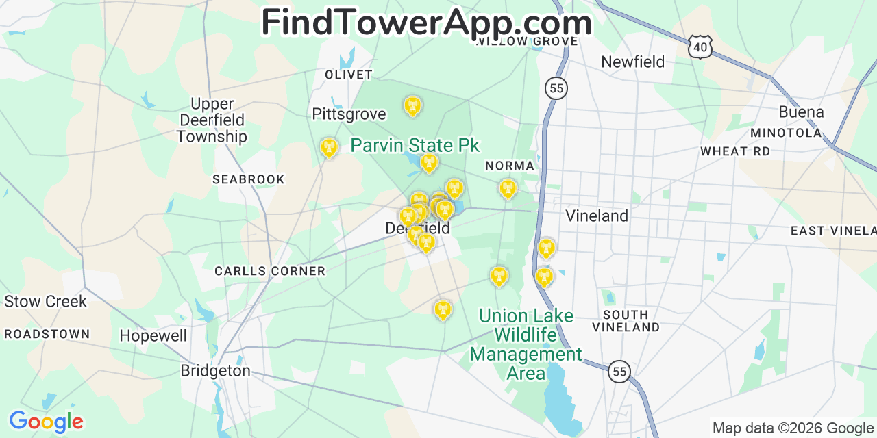 Map showing the 20 primary cell tower locations detected in Rosenhayn, New Jersey from AT&T, Verizon, and T-Mobile networks