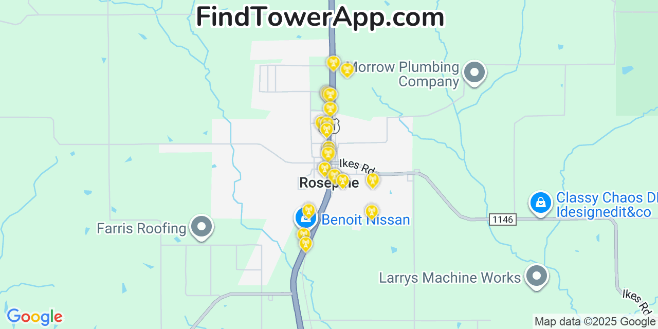 Map showing the 20 primary cell tower locations detected in Rosepine, Louisiana from AT&T, Verizon, and T-Mobile networks