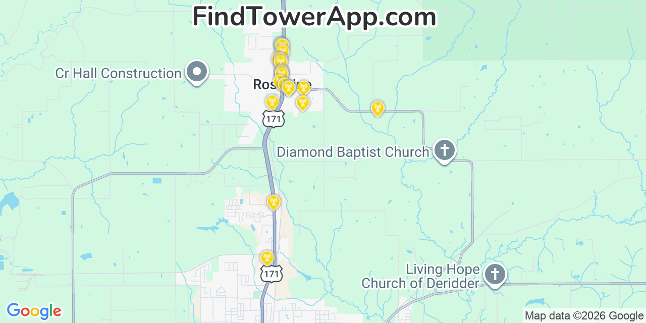 Map showing the 20 primary cell tower locations detected in Rosepine, Louisiana from AT&T, Verizon, and T-Mobile networks
