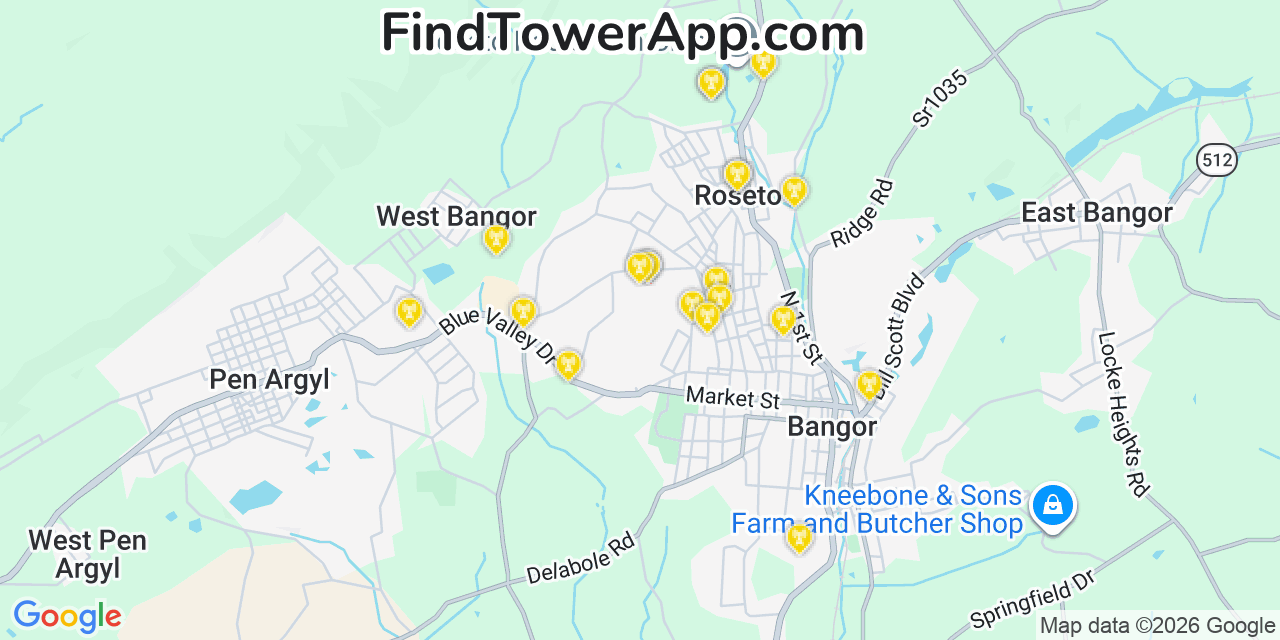 Map showing the 20 primary cell tower locations detected in Roseto, Pennsylvania from AT&T, Verizon, and T-Mobile networks