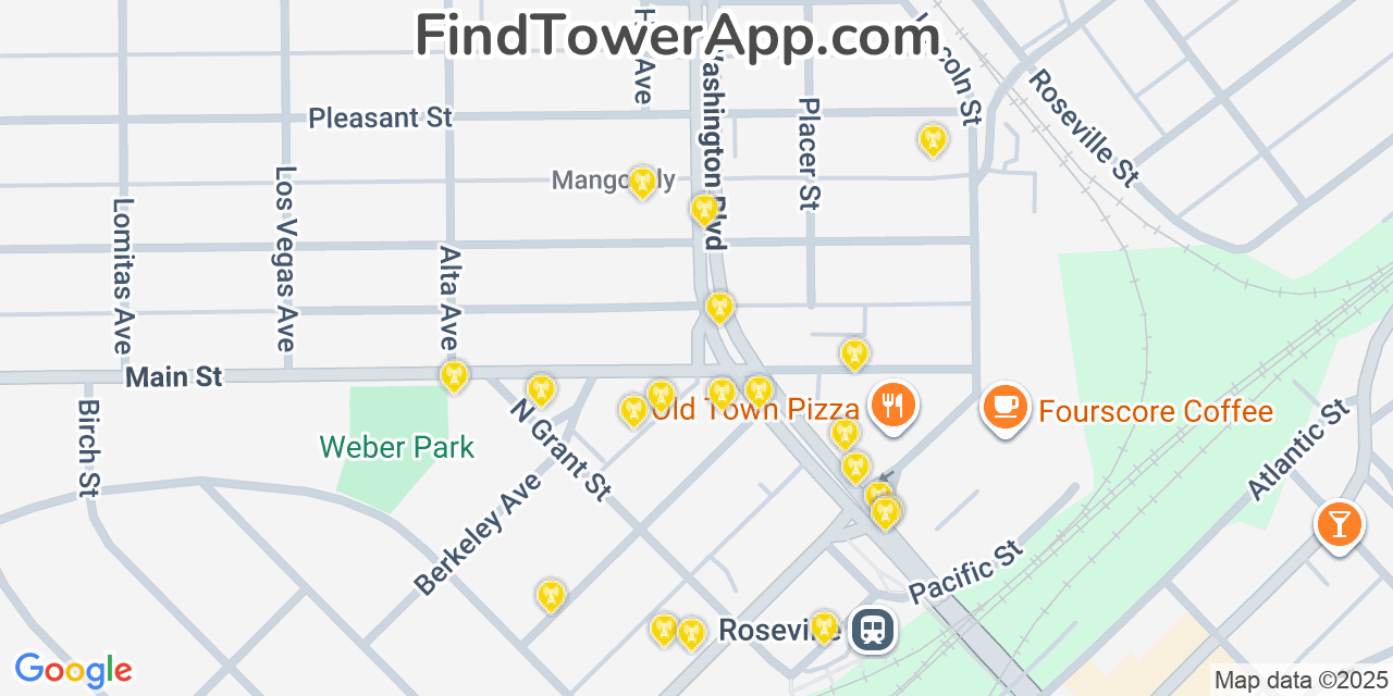 Map showing the 20 primary cell tower locations detected in Roseville, California from AT&T, Verizon, and T-Mobile networks