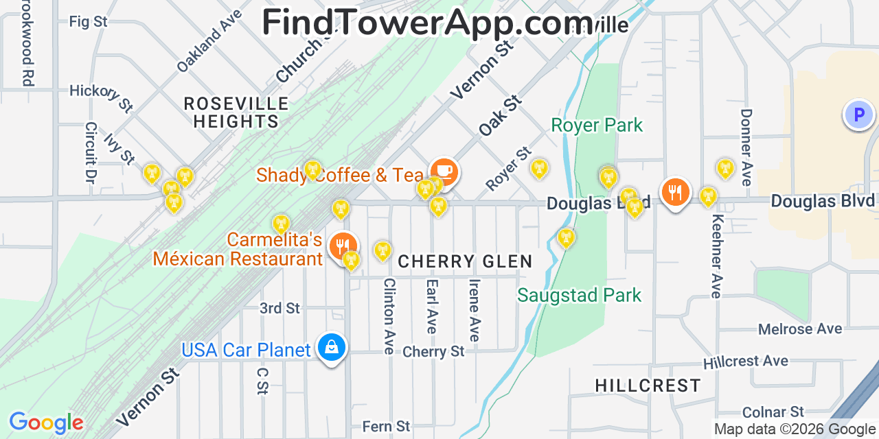 Map showing the 20 primary cell tower locations detected in Roseville, California from AT&T, Verizon, and T-Mobile networks