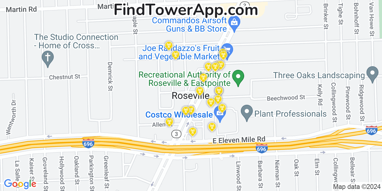 AT&T 4G/5G cell tower coverage map Roseville, Michigan