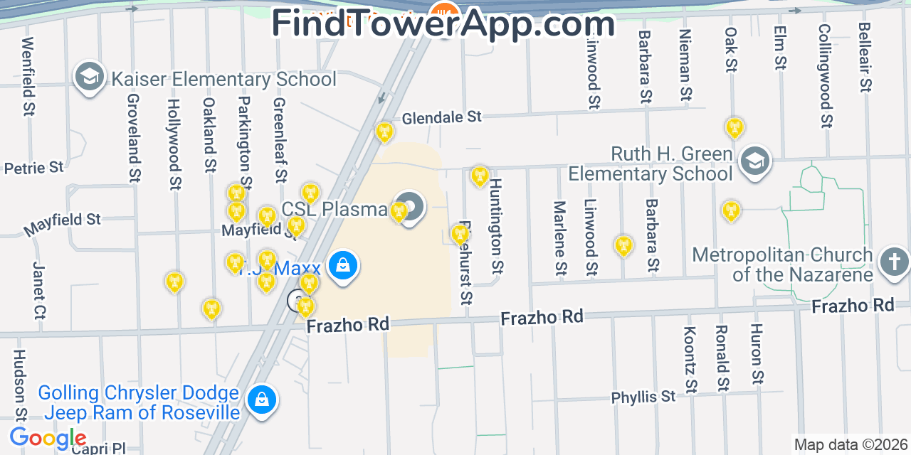 Map showing the 20 primary cell tower locations detected in Roseville, Michigan from AT&T, Verizon, and T-Mobile networks