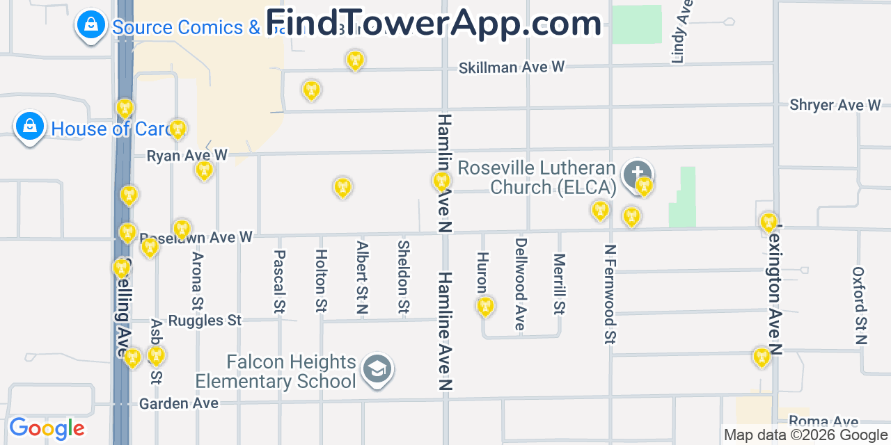 Map showing the 20 primary cell tower locations detected in Roseville, Minnesota from AT&T, Verizon, and T-Mobile networks