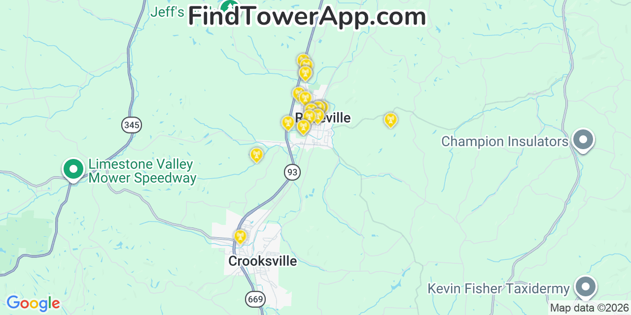Map showing the 20 primary cell tower locations detected in Roseville, Ohio from AT&T, Verizon, and T-Mobile networks