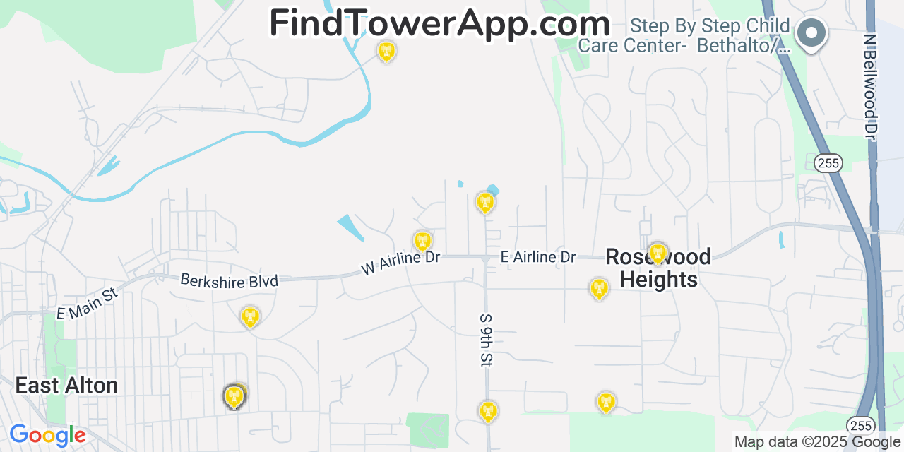 Map showing the 20 primary cell tower locations detected in Rosewood Heights, Illinois from AT&T, Verizon, and T-Mobile networks