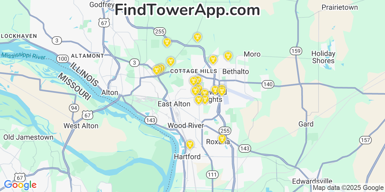 Map showing the 20 primary cell tower locations detected in Rosewood Heights, Illinois from AT&T, Verizon, and T-Mobile networks