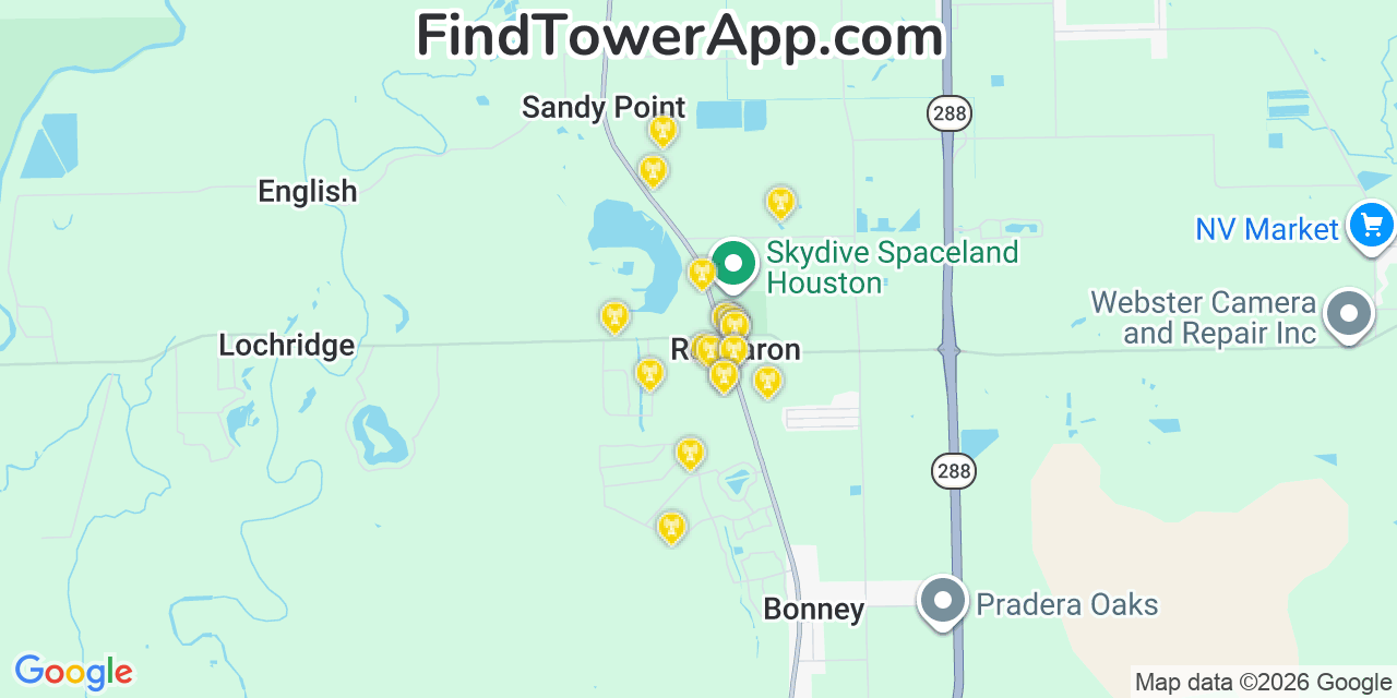Map showing the 20 primary cell tower locations detected in Rosharon, Texas from AT&T, Verizon, and T-Mobile networks