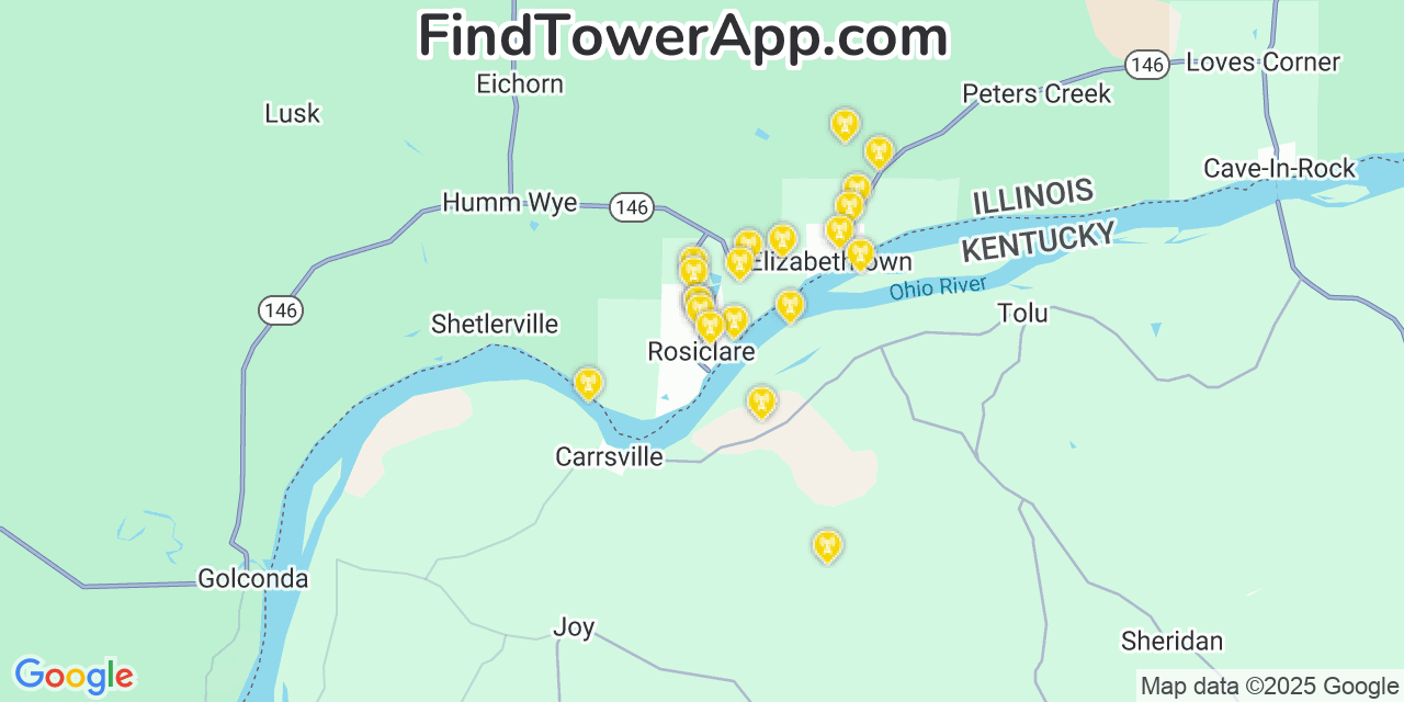 Map showing the 20 primary cell tower locations detected in Rosiclare, Illinois from AT&T, Verizon, and T-Mobile networks