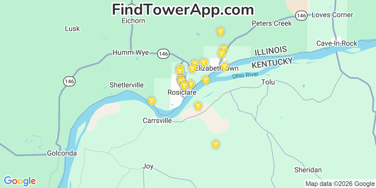 Map showing the 20 primary cell tower locations detected in Rosiclare, Illinois from AT&T, Verizon, and T-Mobile networks