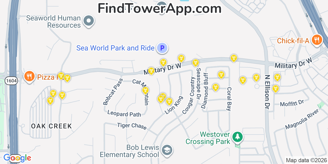 Map showing the 20 primary cell tower locations detected in Rosita North, Texas from AT&T, Verizon, and T-Mobile networks