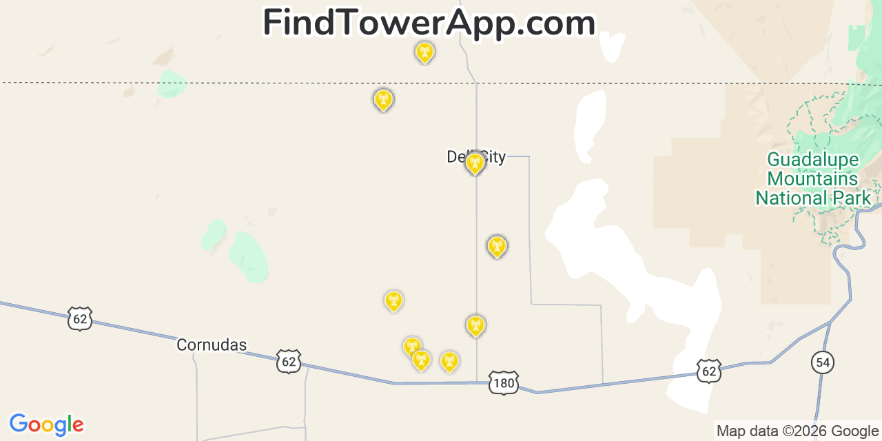 Map showing the 20 primary cell tower locations detected in Rosita South, Texas from AT&T, Verizon, and T-Mobile networks