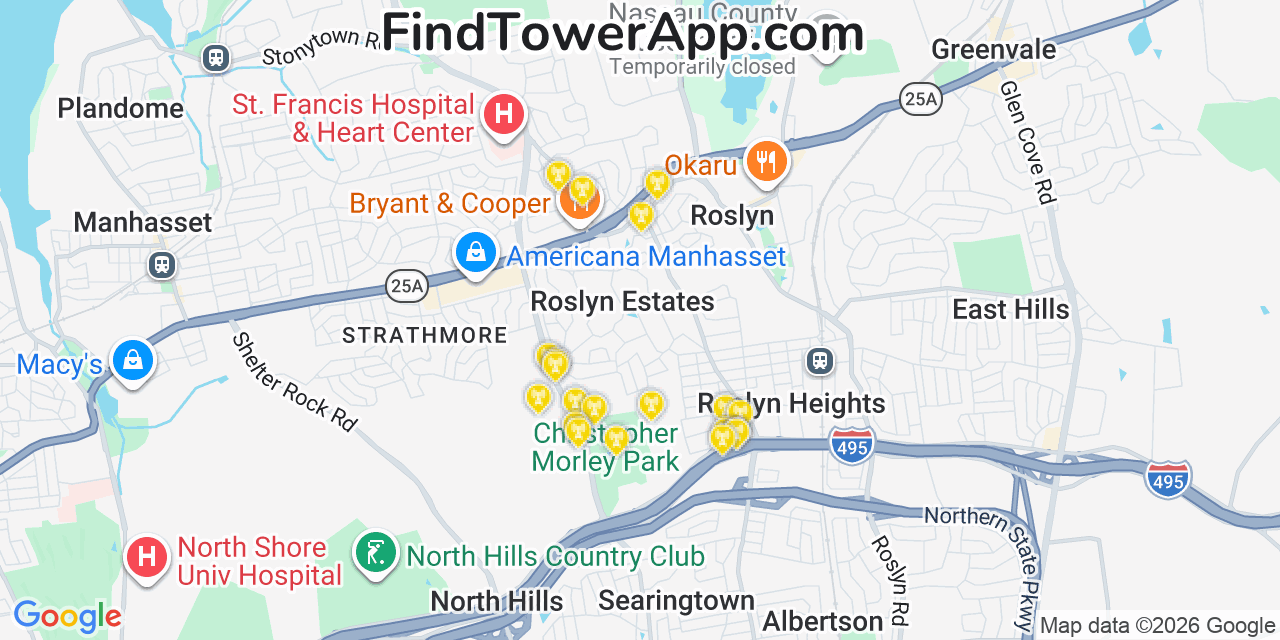 Map showing the 20 primary cell tower locations detected in Roslyn Estates, New York from AT&T, Verizon, and T-Mobile networks