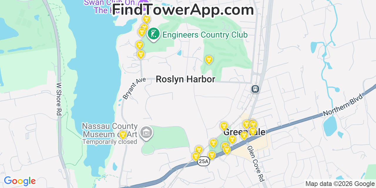 Map showing the 20 primary cell tower locations detected in Roslyn Harbor, New York from AT&T, Verizon, and T-Mobile networks