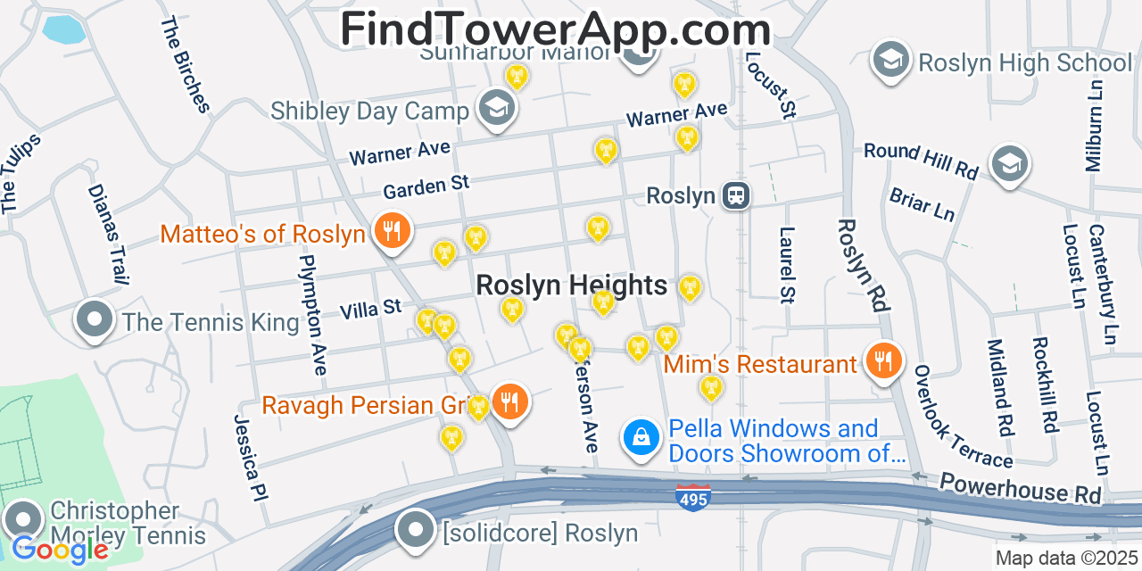 Map showing the 20 primary cell tower locations detected in Roslyn Heights, New York from AT&T, Verizon, and T-Mobile networks
