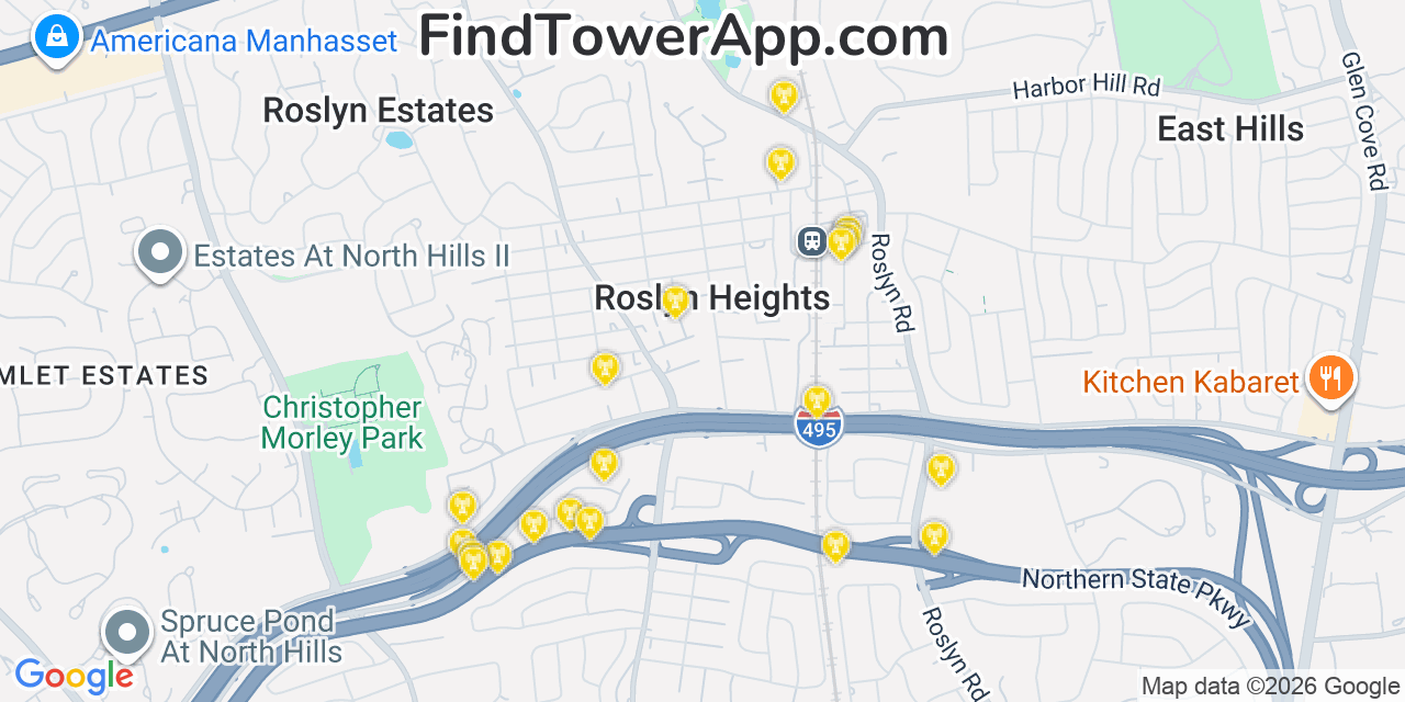 Map showing the 20 primary cell tower locations detected in Roslyn Heights, New York from AT&T, Verizon, and T-Mobile networks